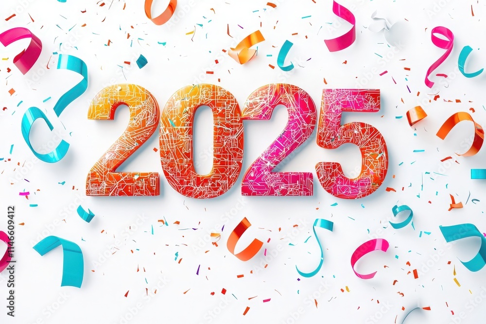 Colorful decorations and confetti surround the bold numbers representing the year 2025, creating a festive atmosphere for celebrations and events welcoming the new year.
