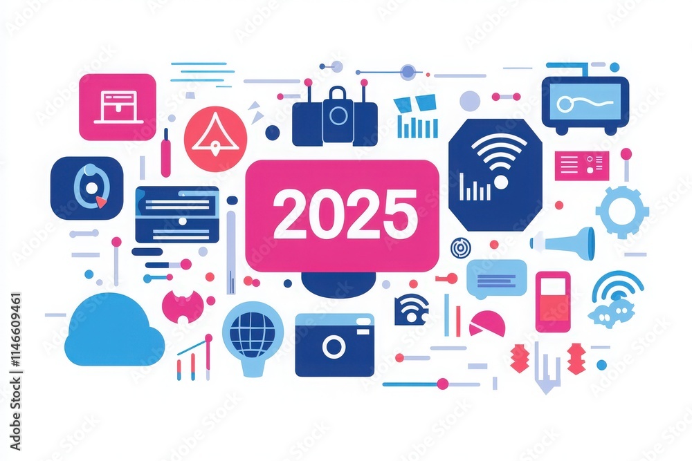 Visual representation of technology trends for 2025 featuring various digital icons, devices, and concepts organized around a central number. The design highlights the future of tech.