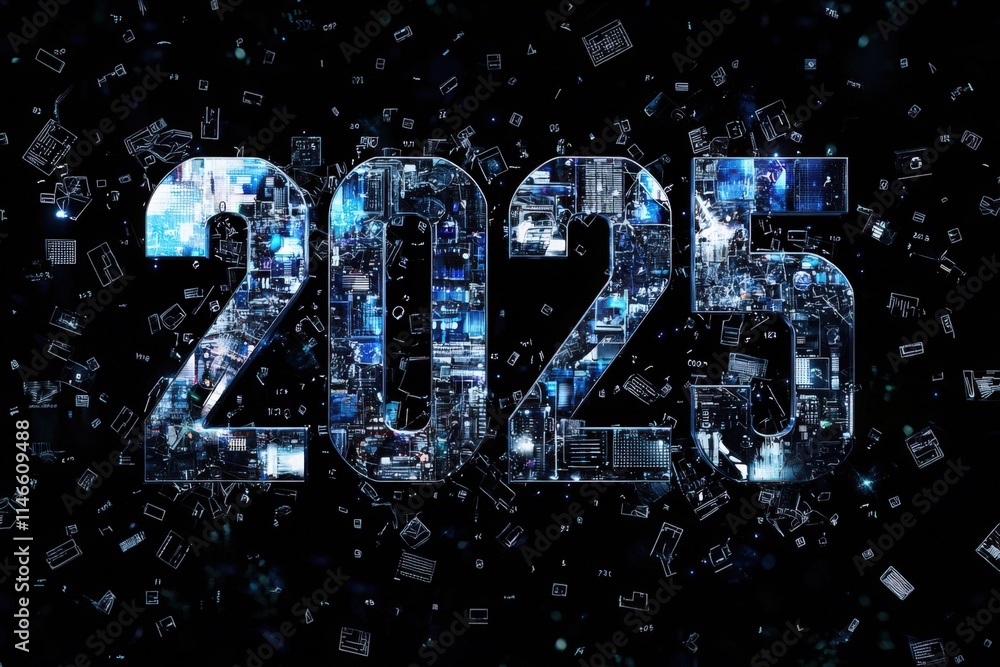 The display showcases the numbers 2025 crafted from various technological elements and digital imagery against a dark background, symbolizing innovation and progress in the near future.
