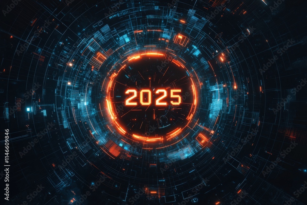 A vibrant digital display features the year 2025 at its center, surrounded by glowing blue and orange lines.