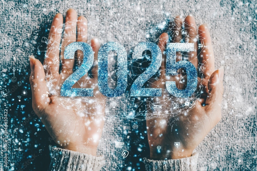Hands gently hold the year 2025, surrounded by a shimmering digital aura. Various technological symbols float around, symbolizing innovation and progress for the future.