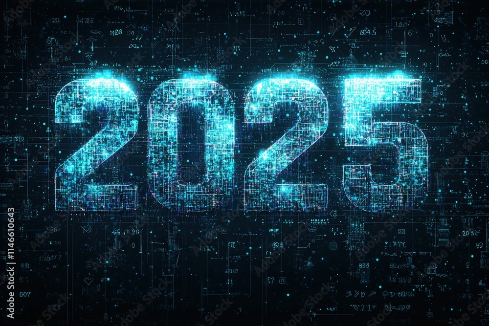 Numbers representing the year 2025 appear in a glowing, digital format against a dark background filled with abstract technology patterns. The display evokes a futuristic atmosphere.