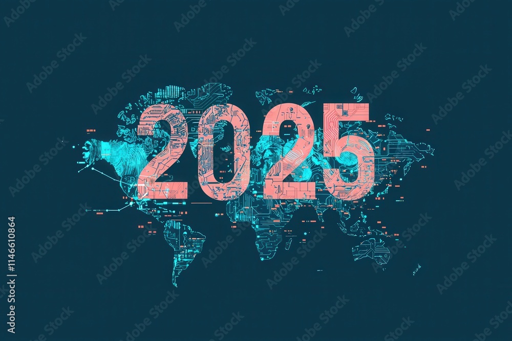 A digital representation of a world map highlights the year 2025 with vibrant colors and intricate technological patterns. The design emphasizes innovation and global connectivity.
