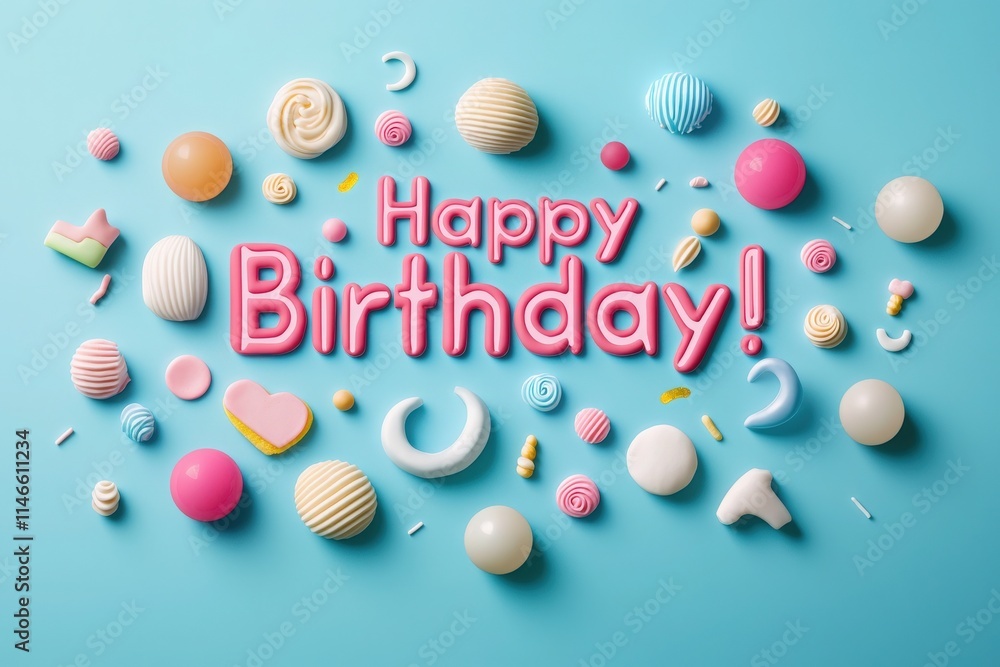 Bright and whimsical display of birthday decorations featuring assorted candies and treats arranged around a cheerful birthday greeting. Perfect for celebrating a special day.
