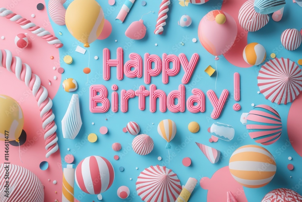 Bright and vibrant decorations create a festive atmosphere for a birthday celebration. Colorful balloons, candies, and playful shapes enhance the joyful ambiance.