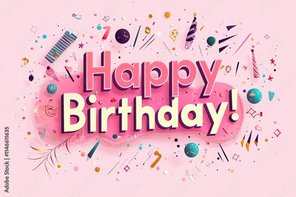 Bright and cheerful decorations fill the background, featuring the words Happy Birthday in bold letters. Colorful confetti and festive items create a joyful atmosphere for celebrations.