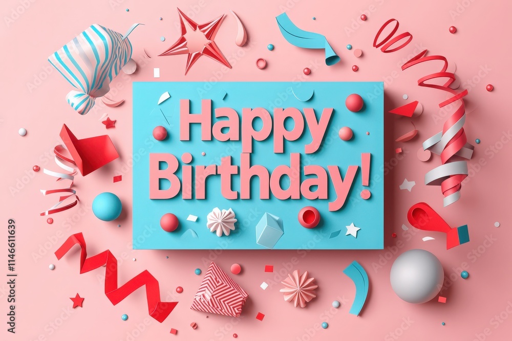 Vibrant decorations arranged around a blue card that says Happy Birthday. Various shapes and colors include balloons, ribbons, and stars, creating a joyful festive atmosphere.