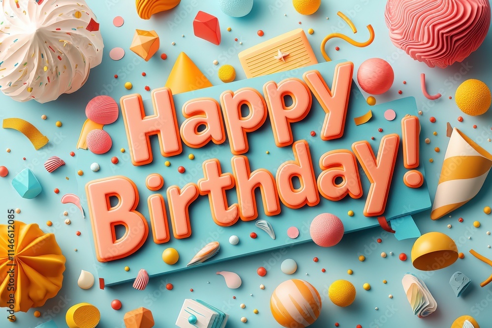 A festive arrangement features a large Happy Birthday sign surrounded by colorful decorations including balloons, cake, and confetti against a bright blue background, perfect for a birthday party.