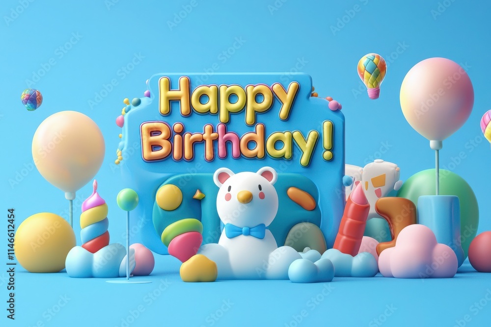 A cheerful birthday setup features a large sign saying Happy Birthday, surrounded by balloons, a bear figure, and various colorful treats, creating a festive atmosphere for a celebration.