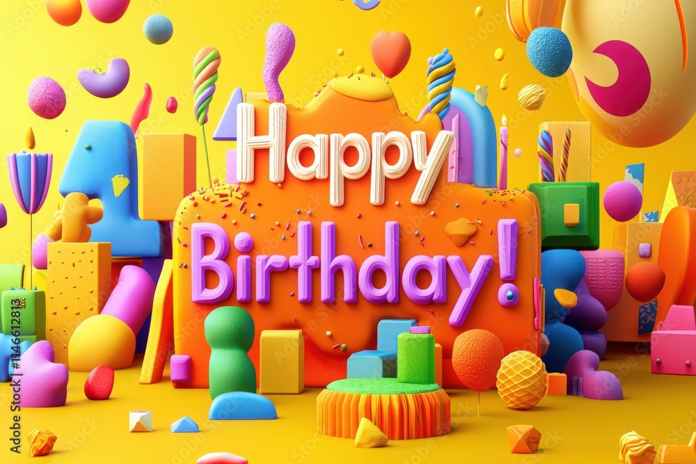 A vibrant birthday celebration features colorful decorations, playful shapes, and cheerful designs.