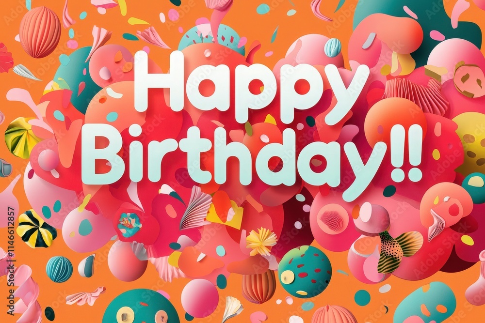 Bright and vibrant design features an array of balloons and decorative elements celebrating a birthday. The cheerful colors and shapes create a joyful atmosphere ideal for parties and gatherings.