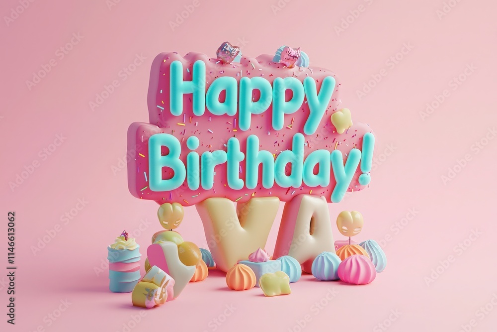 A vibrant display of a large birthday sign topped with frosting. Surrounding it are assorted candy and dessert treats, creating a joyful atmosphere for a celebration.