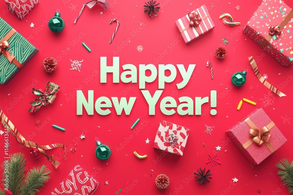 Colorful wrapped gifts are scattered on a bright red surface, surrounded by holiday decorations. Bold text reads Happy New Year, creating a cheerful atmosphere for the celebration.