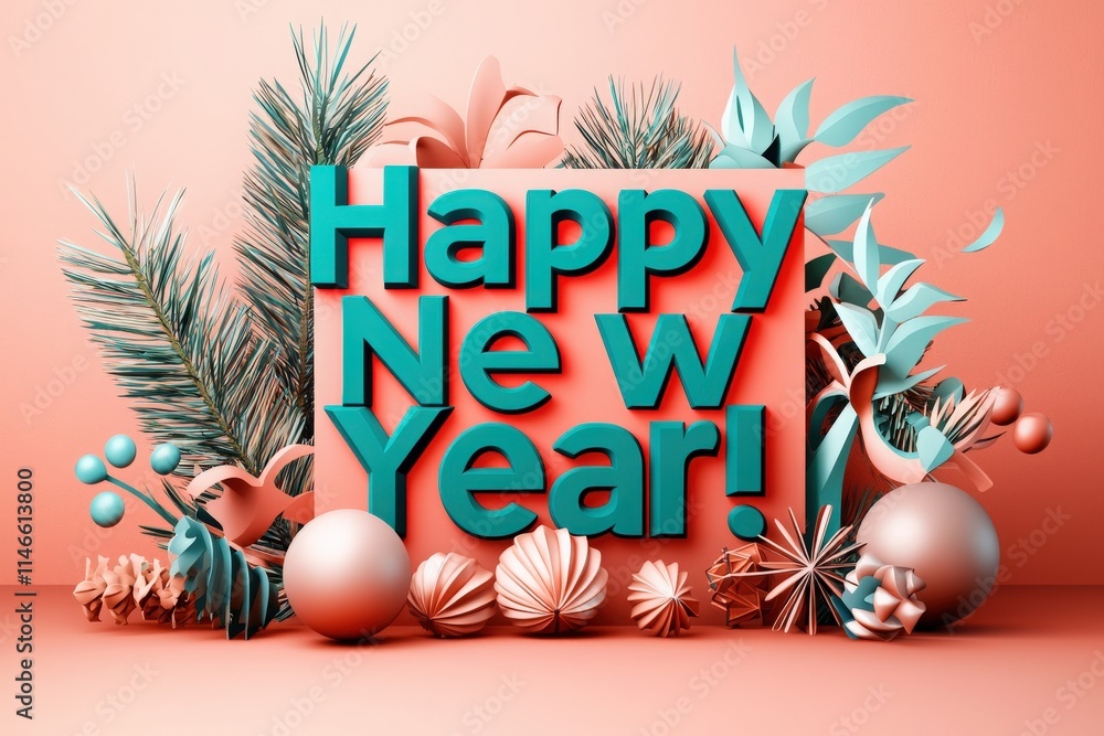 A festive display showcases vibrant decorations for New Year, featuring bold blue letters that say Happy New Year against a pastel background with ornaments and greenery.