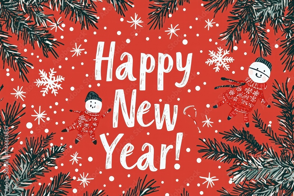 Bright red background adorned with cheerful snowmen and snowflakes captures the festive spirit of New Year. The playful design makes it perfect for holiday greetings and celebrations.