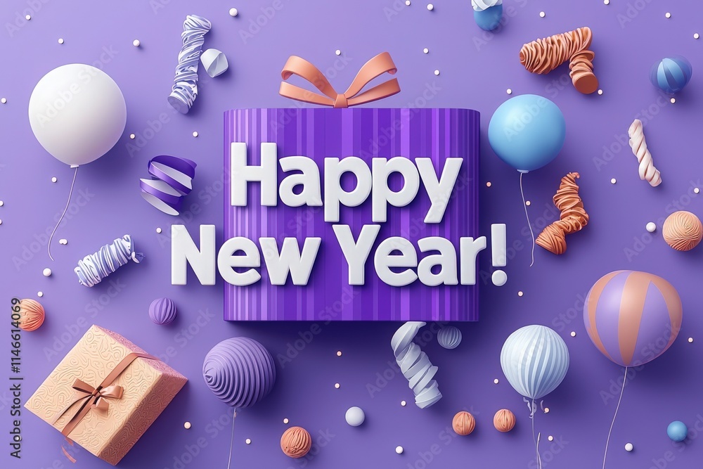 A vibrant arrangement of balloons, curly ribbons, and decorative gifts celebrates the New Year. The bright purple backdrop enhances the festive atmosphere, creating a joyful mood for the occasion.