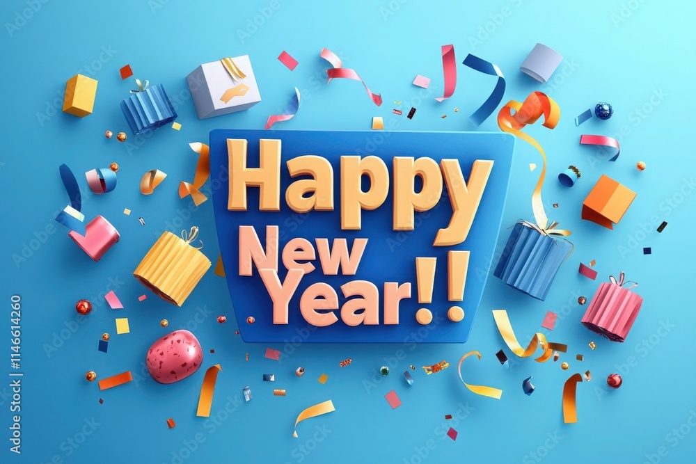 Festive decorations for New Year reveal joyful elements like gifts, confetti, and vibrant ribbons, all contributing to a cheerful atmosphere for welcoming a new beginning.