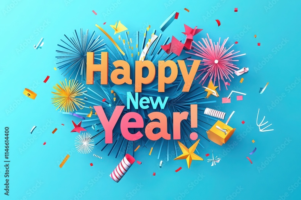 Festive decorations featuring bright colors and various shapes celebrate the arrival of the New Year. Streamers, stars, and fireworks create a lively atmosphere filled with excitement.