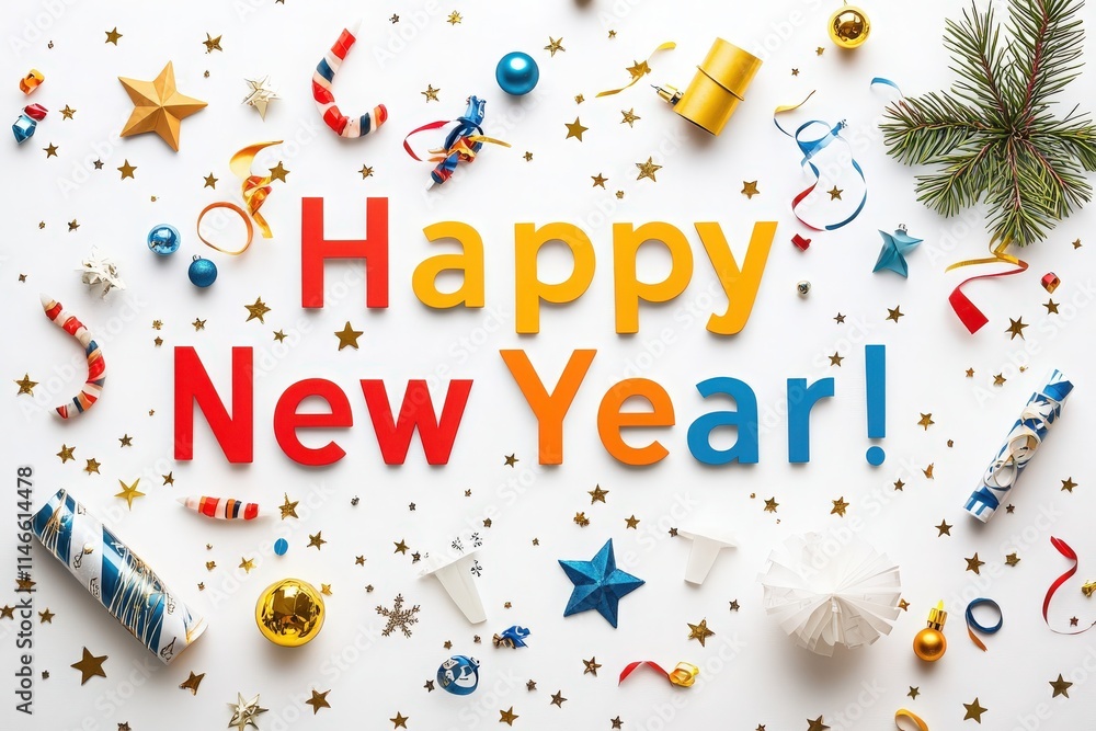 Bright colors and shiny decorations fill the space to celebrate the new year. Text displays Happy New Year! surrounded by colorful stars, ribbons, and festive items creating a joyful atmosphere.
