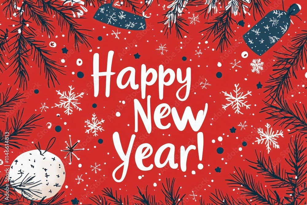 A vibrant red background adorned with festive elements like snowflakes, stars, and holiday ornaments evokes a joyful atmosphere for New Year celebrations.