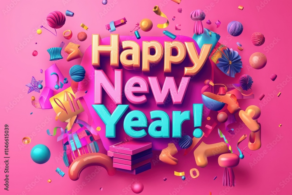 Vibrant decorations surround joyful lettering wishing a Happy New Year, showcasing colorful shapes and elements representing celebration and festivity, perfect for the holiday season.