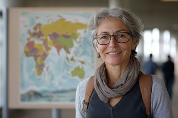a mature woman with grey hair and glasses is smiling in front of a colorful world map, embodying wis