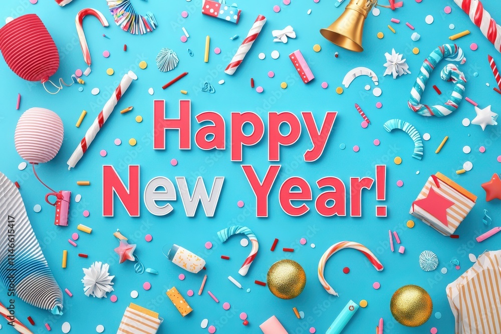 A vibrant arrangement of festive decorations, including balloons, candy canes, and gifts, creates a joyful atmosphere for New Year celebrations. The cheerful colors enhance the festive spirit.