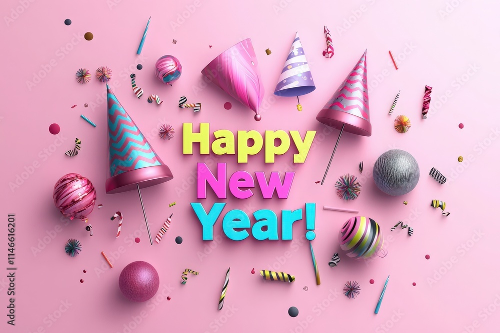 Colorful party hats, balloons, and festive confetti are arranged on a pink background, celebrating the arrival of the New Year with a vibrant Happy New Year message in bold letters.