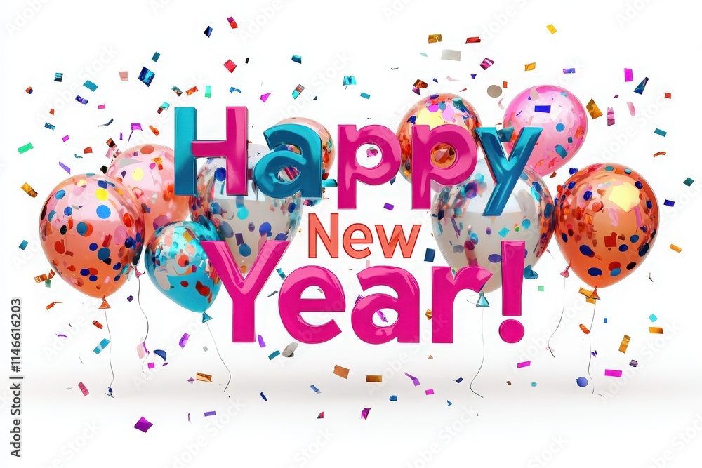 Colorful balloons in shades of pink, blue, and gold fill the space, adorned with confetti. The bold greeting Happy New Year stands out as confetti falls, creating a festive atmosphere.