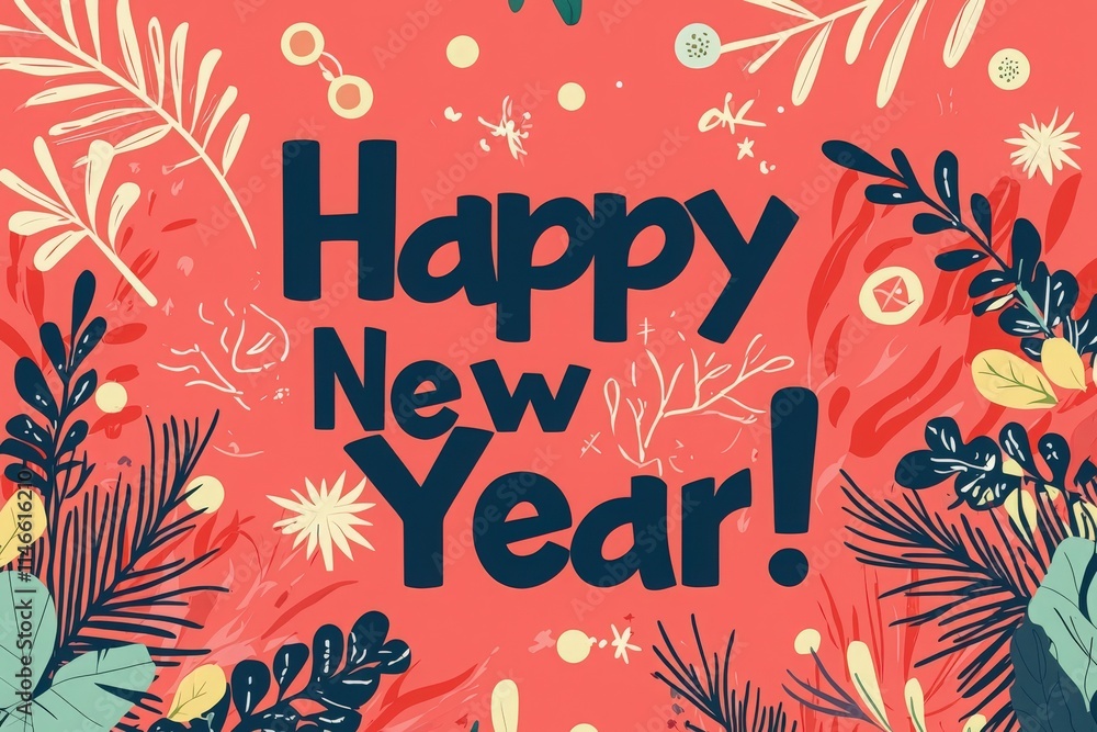 Vibrant design features a Happy New Year message surrounded by tropical leaves and abstract elements. The colorful background creates a lively atmosphere, perfect for a cheerful celebration.
