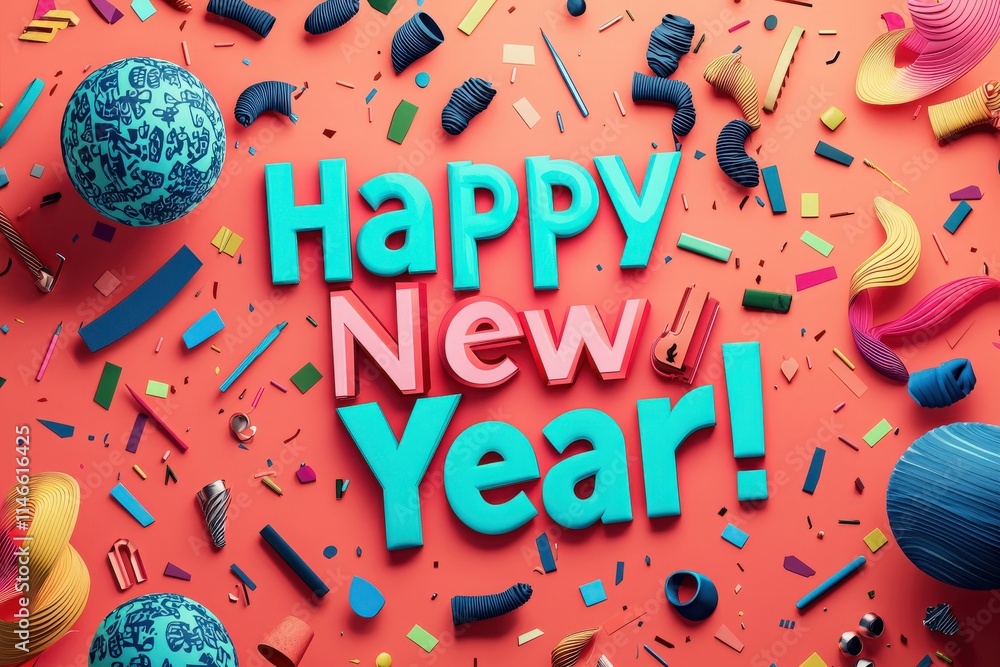 A festive arrangement features playful decorations celebrating the New Year. Bright colors and various shapes create a joyful atmosphere perfect for welcoming a fresh start.