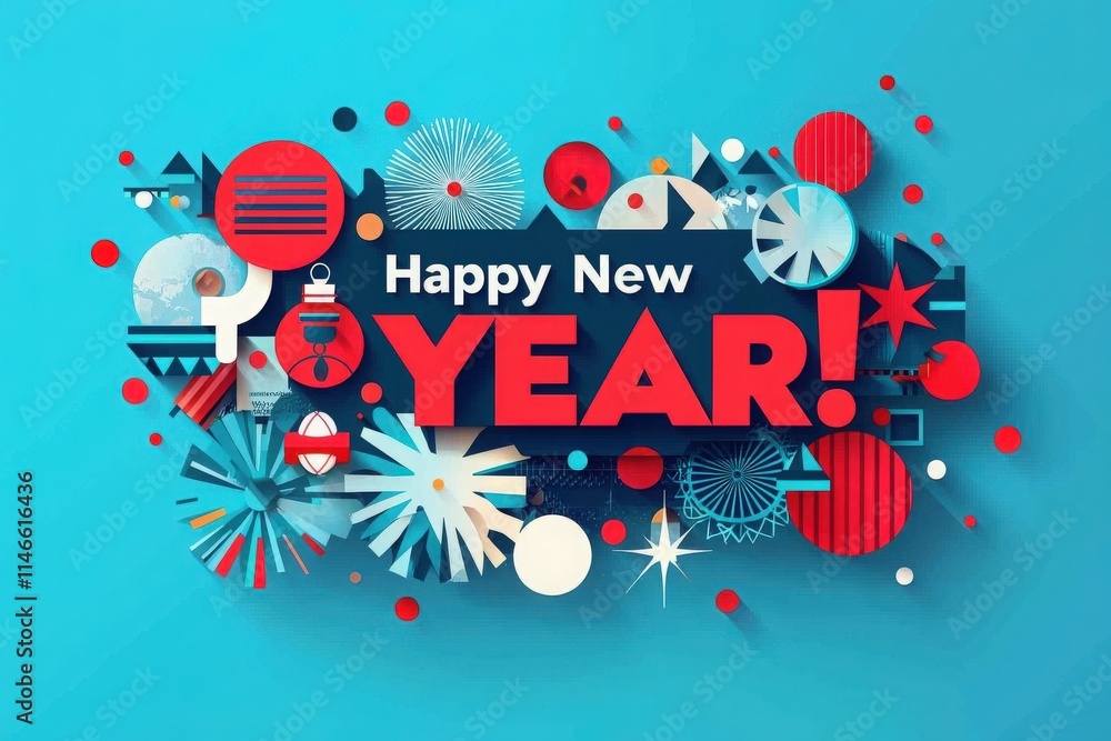 Colorful decorations and shapes create a joyful atmosphere while celebrating New Year. Bold lettering emphasizes the excitement of welcoming a fresh start with creative designs.