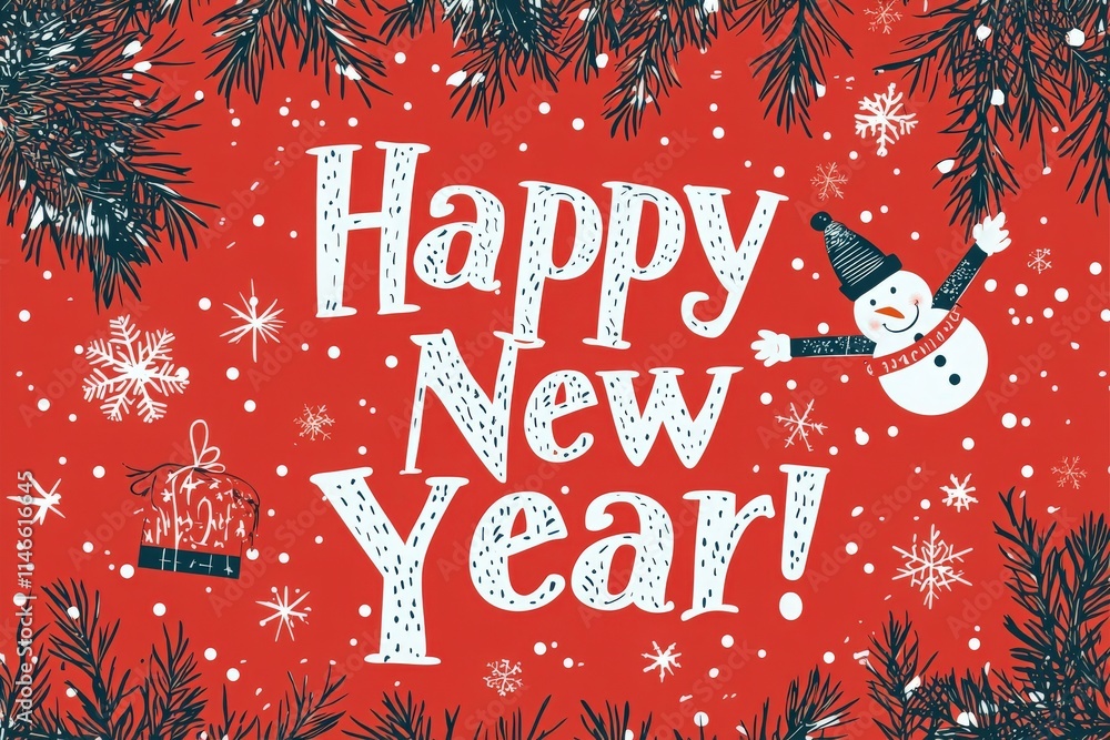 Bright red background features cheerful lettering wishing happy new year, surrounded by snowflakes, a decorative snowman, and pine branches, creating a vibrant holiday atmosphere.