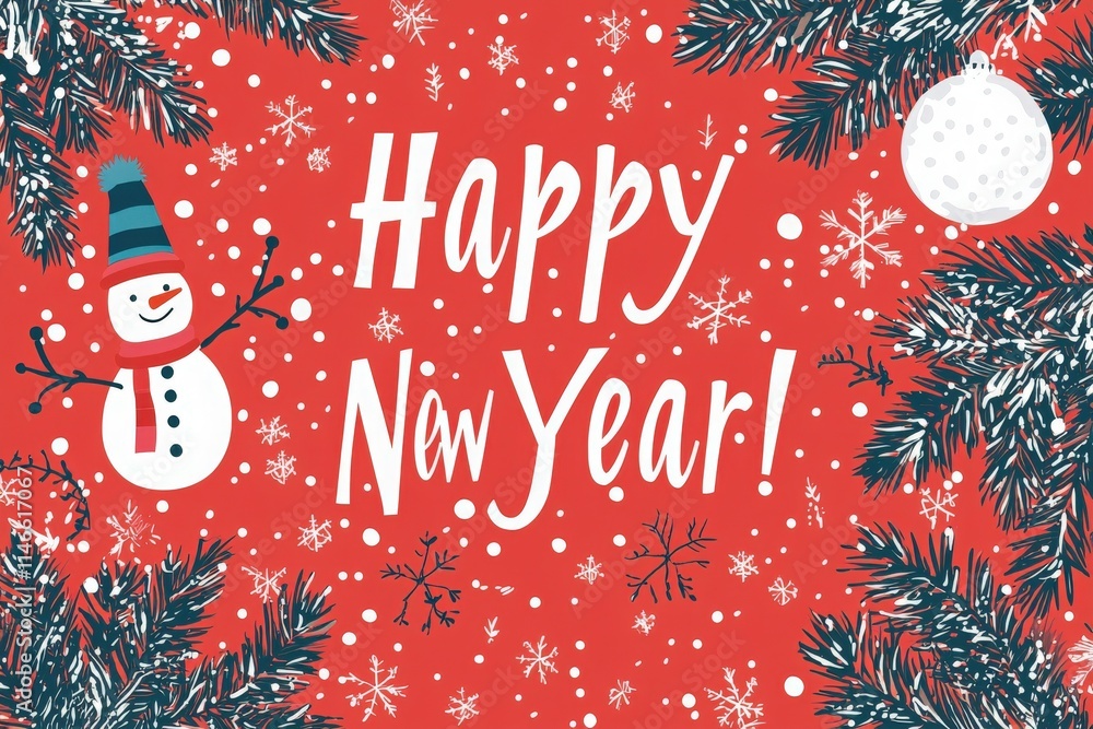 A vibrant red background filled with snowflakes and stars showcases a cheerful snowman wearing a hat, celebrating the New Year with joyful text and festive greenery.