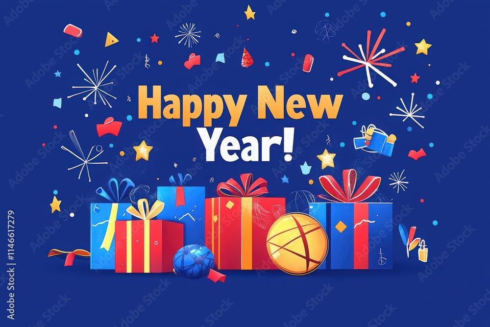 Festive decorations showcase an array of colorful gifts adorned with ribbons. Fireworks and stars add excitement to the New Year celebration, creating a joyful atmosphere.