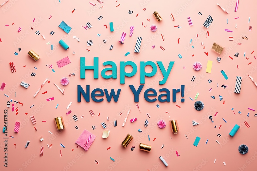 A bright pink background is scattered with festive decorations, including colorful confetti, streamers, and decorative items. The phrase Happy New Year! stands out prominently in the center.