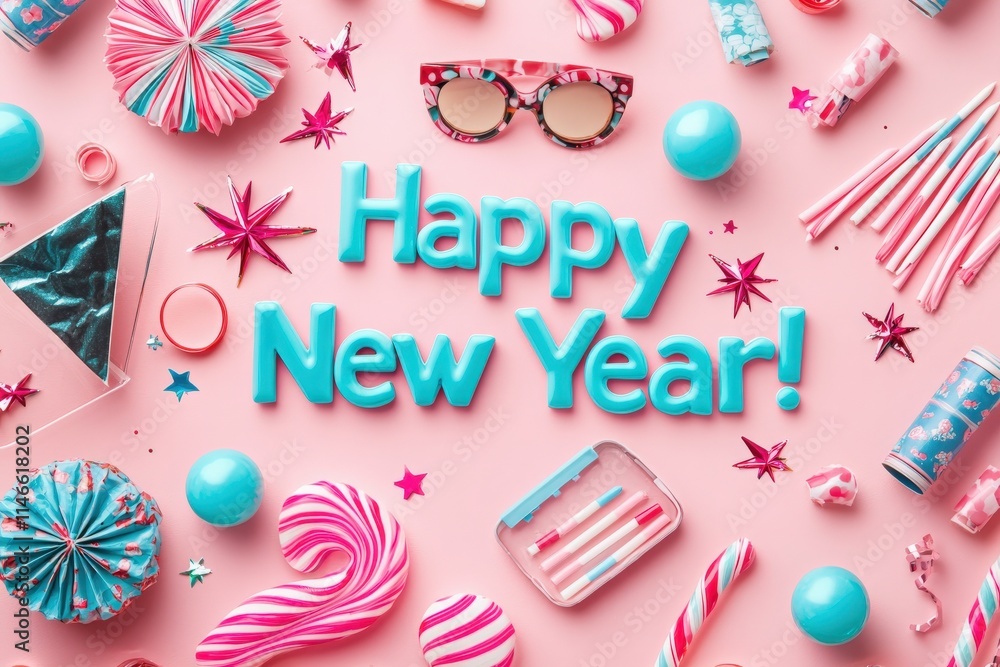 Festive decorations and treats arranged on a pink backdrop. Brightly colored candies, stars, and New Year messages create a cheerful atmosphere perfect for welcoming the new year.