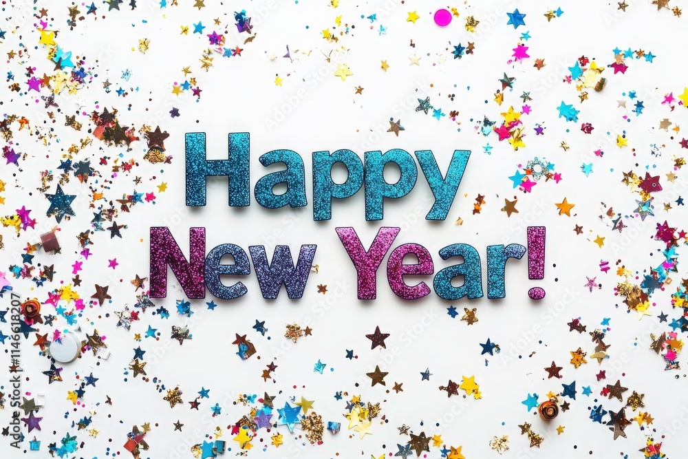 Festive decorations showcase the words Happy New Year with sparkling letters surrounded by vibrant confetti in various shapes and colors, creating a joyful atmosphere for the holiday.