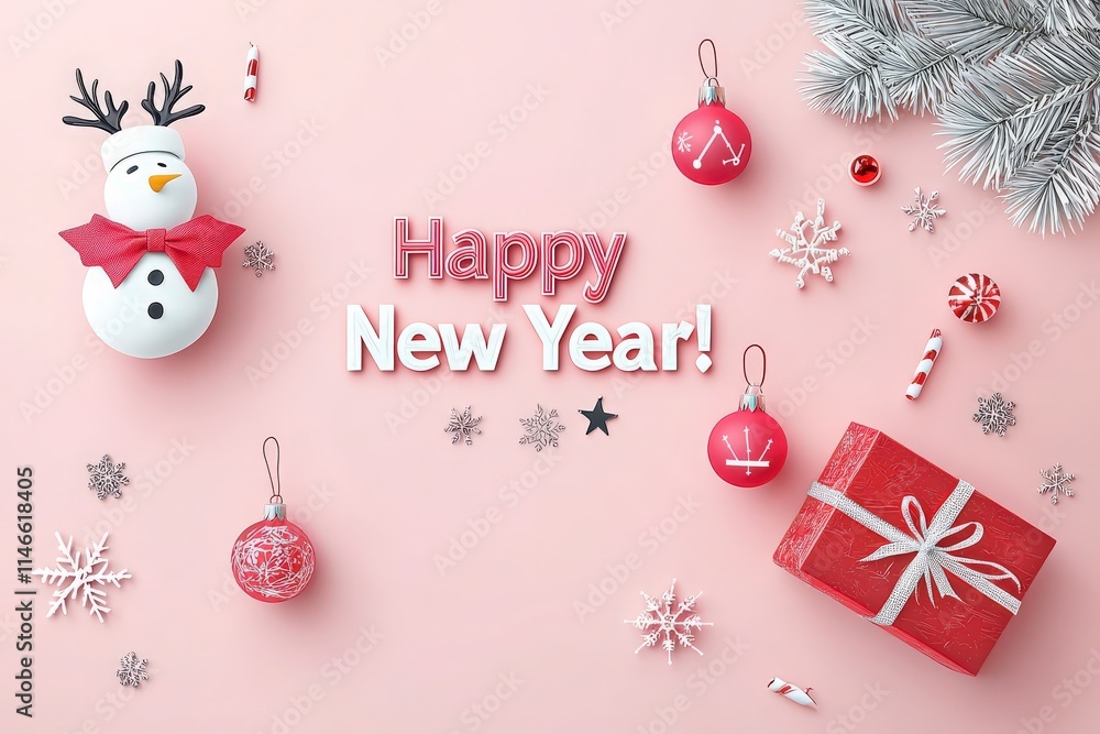 Colorful decorations are arranged on a pink surface, featuring a cheerful snowman, festive ornaments, and a wrapped gift, all celebrating the arrival of the New Year in a joyful manner.