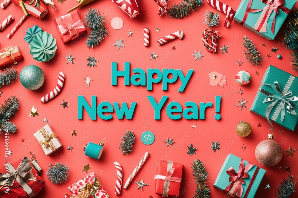 A vibrant assortment of New Year decorations, including gifts, candies, and ornaments, spread across a bright surface. The warm atmosphere captures the joy of the holiday season.