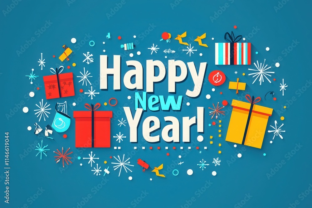 Bright and festive design showcases colorful gifts and cheerful decorations with a prominent Happy New Year message, creating a joyful atmosphere perfect for celebrations.