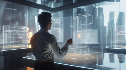 Wall Mural - business professional analyzing a 3d statistical model on a transparent holographic screen, set in a