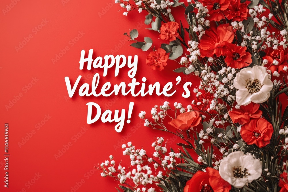 Bright red and white flowers are arranged against a vibrant red background. The words Happy Valentines Day are boldly displayed, conveying a festive and romantic atmosphere.
