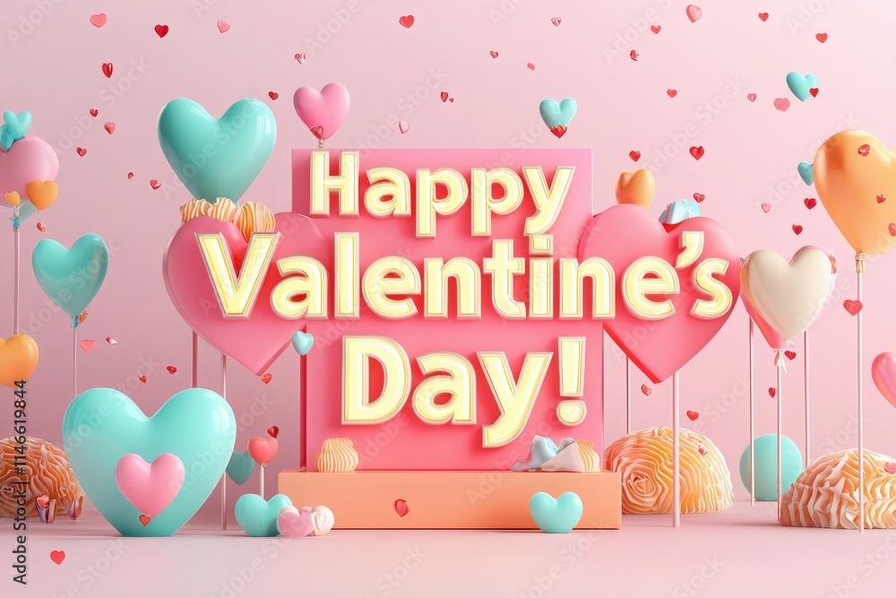 Festive decorations showcase various pastel-colored hearts and balloons, creating a cheerful atmosphere for Valentines Day celebrations. The background features playful confetti, enhancing the mood.
