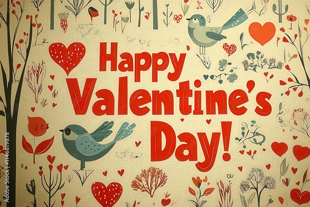 Decorations for Valentines Day feature vibrant illustrations of birds, hearts, and flowers, creating a festive atmosphere. Bright colors and cheerful designs invite joy and love.