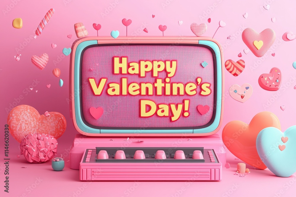A playful arrangement showcases a retro television displaying a Valentines Day greeting. Surrounding hearts and candies create a cheerful atmosphere perfect for celebrating love.