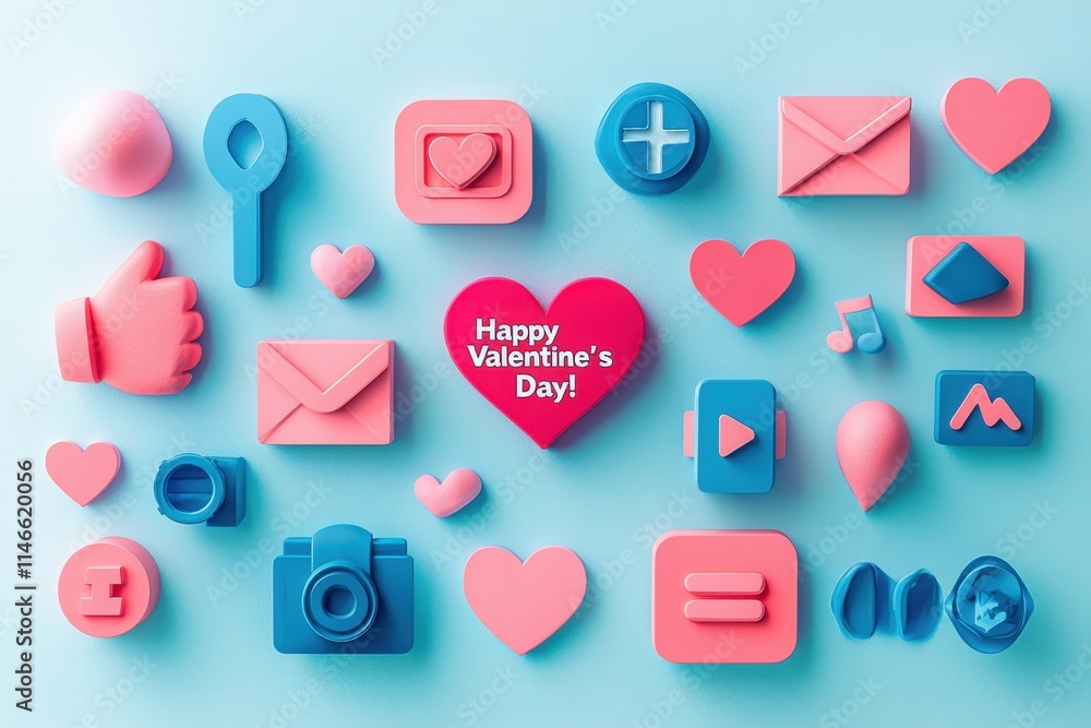 Bright and playful decorations showcase a variety of hearts and digital icons on a light blue background. Elements include thumbs up, envelopes, and musical notes, celebrating love.