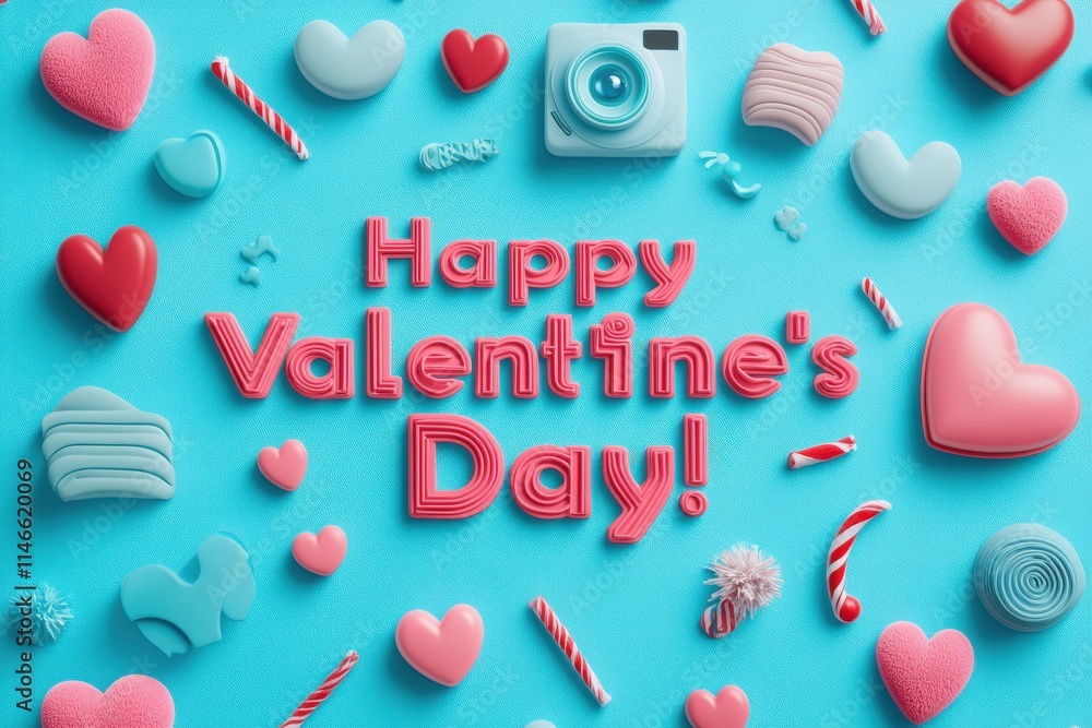 Colorful Valentines Day decorations are arranged on a blue background, featuring hearts, candies, and a camera, conveying a festive mood. The text Happy Valentines Day! stands out prominently.