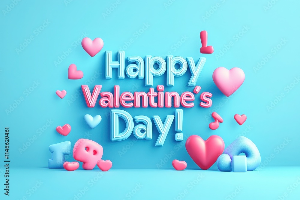 Bright and cheerful decorations celebrating Valentines Day feature colorful text and various heart shapes. The playful arrangement creates a festive atmosphere perfect for this special occasion.