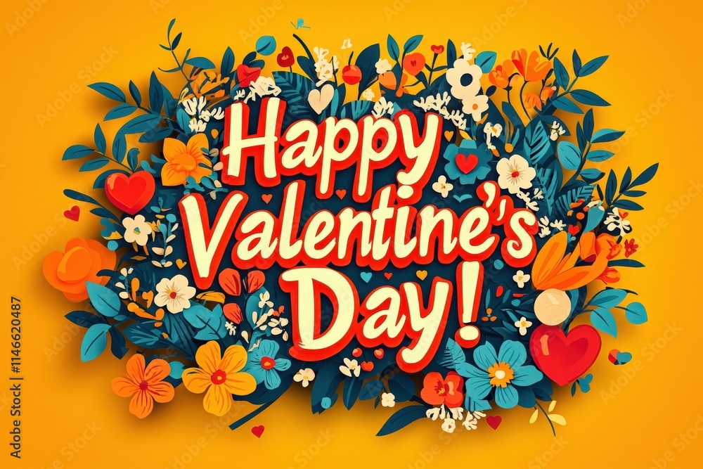 Colorful floral decorations and cheerful lettering convey a joyful message for Valentines Day. The bright background enhances the festive atmosphere of love and celebration.